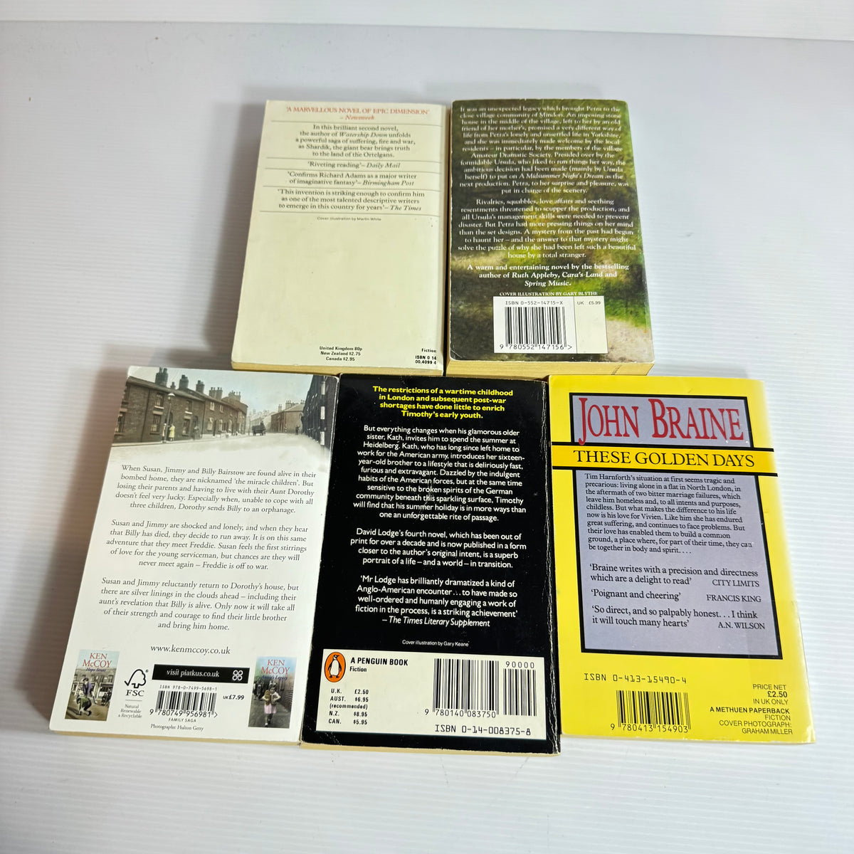 Historical Book Bundle x 5 : Midsumer Meeting - Elvi Rhodes, Shardik - Richard Adams, Out of the Shelter - David Lodge, These Golden Days - John Braine, Cobblestone Heroes - Ken McCoy(3375)