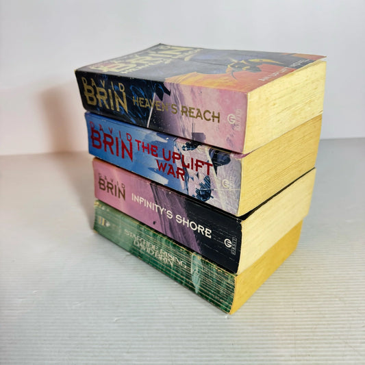 David Brin Science Fiction Book Bundle x 4 Books : The Uplift War, Heaven's Reach, Startide Rising, Infinity's Shore (2123)