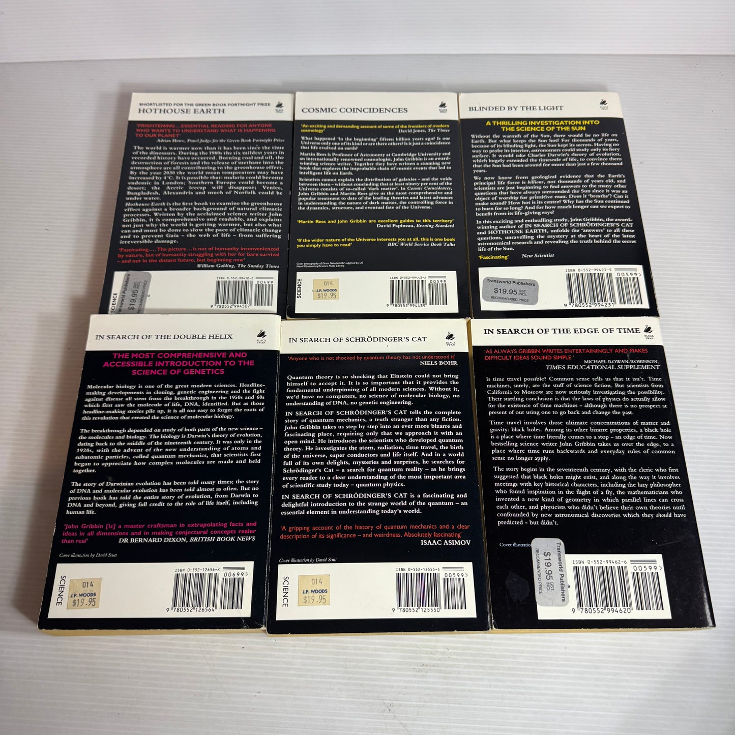 John Gribbin Vintage Science Book Bundle x 6 : Hot House Earth, In Search of the Double Helix, Cosmic Coincidences, Blinded By the Light, In Search of Schrodinger's Cat, In Search of the Edge of Time (2950)