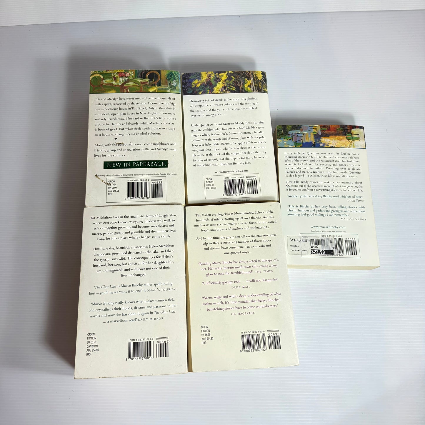 Maeve Binchy Small Paperback Bundle x 4 : Quetins, The Copper Beech, Tara Road, Evening Class, The Class Lake (3101)