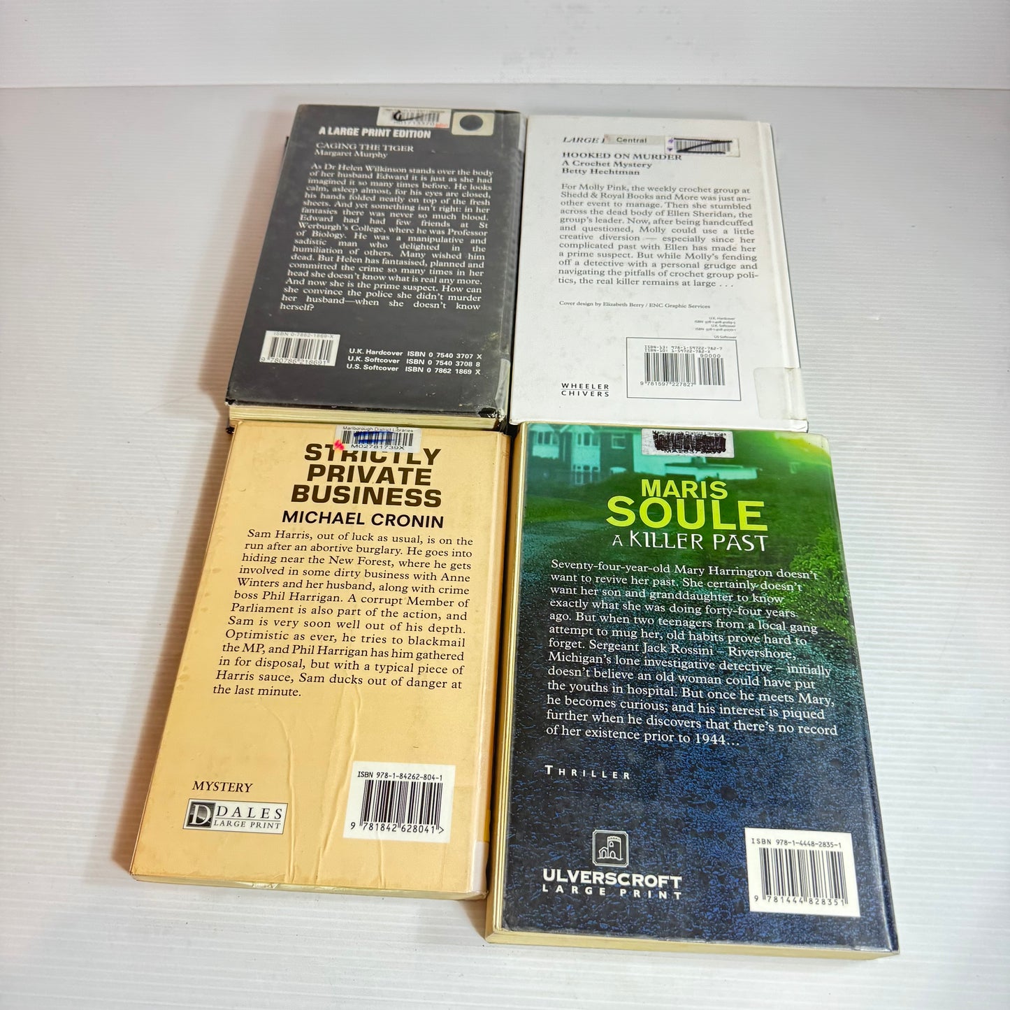 Large Print Crime Book Bundle x 4 Books : Strictly Private Business, Caging The Tiger, Hooked on Murder, A Killer Past(2872)