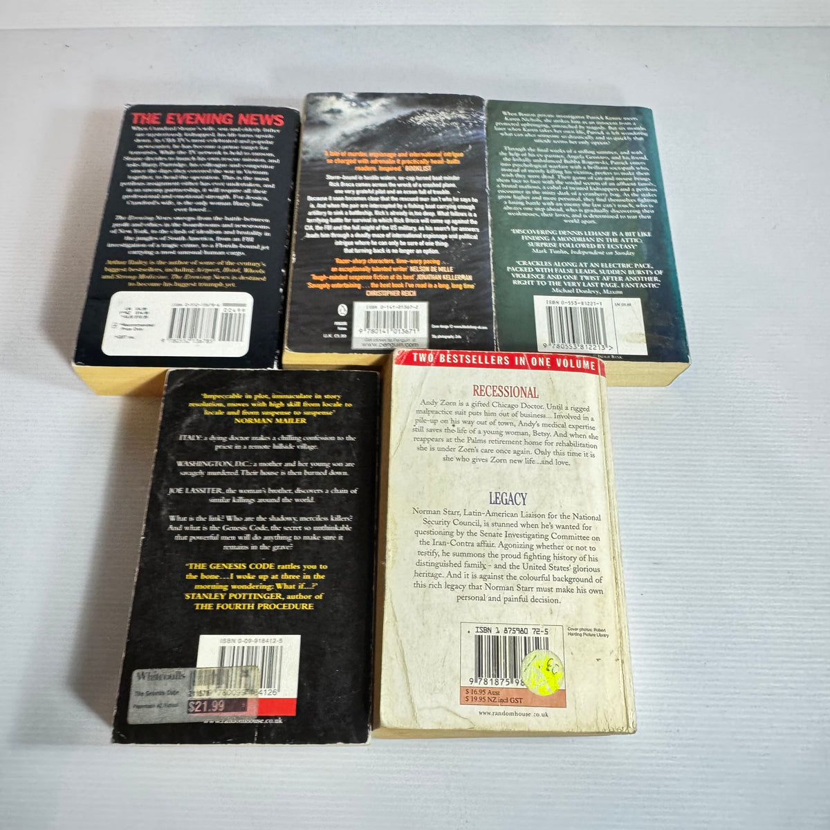 Action Thriller Bundle x 5 Books 6 x Stories : The Evening News - Arthur Hailey, Black Moon - Carsten stroud, Prayers for Rain - Dennis Lehane, The Genesis Code - John Case, Legacy & Recessional - James A. Michener (3467)