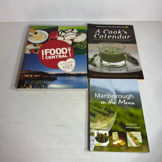 Nelson & Marlborough Cookbook Bundle x 3 : Marlborough on the Menu - Jan Bilton & Belinda Jackson, A Cook's Calendar - Maree Connolly, Food Central : Stories & Recipes from the Heart of Nelson(2902)