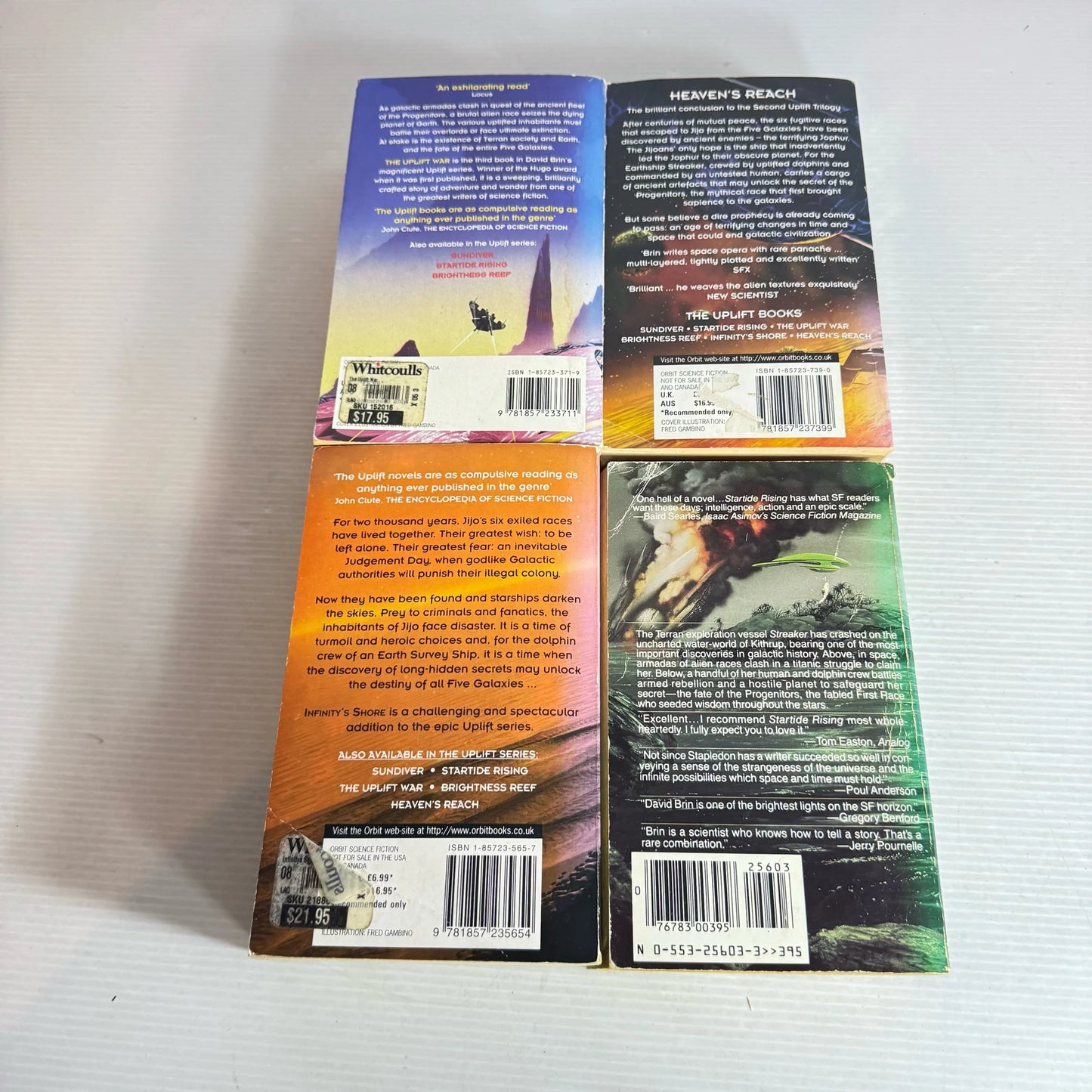 David Brin Science Fiction Book Bundle x 4 Books : The Uplift War, Heaven's Reach, Startide Rising, Infinity's Shore (2123)