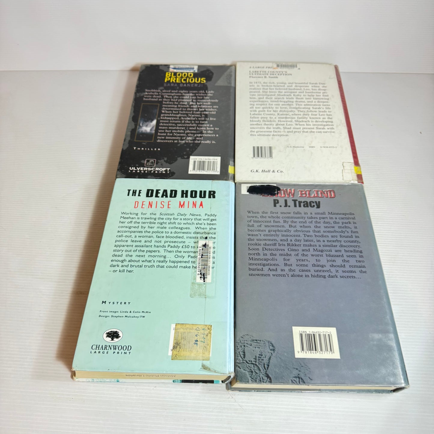 Large Print Crime Book Bundle x 4 : Blood Precious, The Dead Hour, Labette County's Ultimate Deception, Snow Blind(2867)