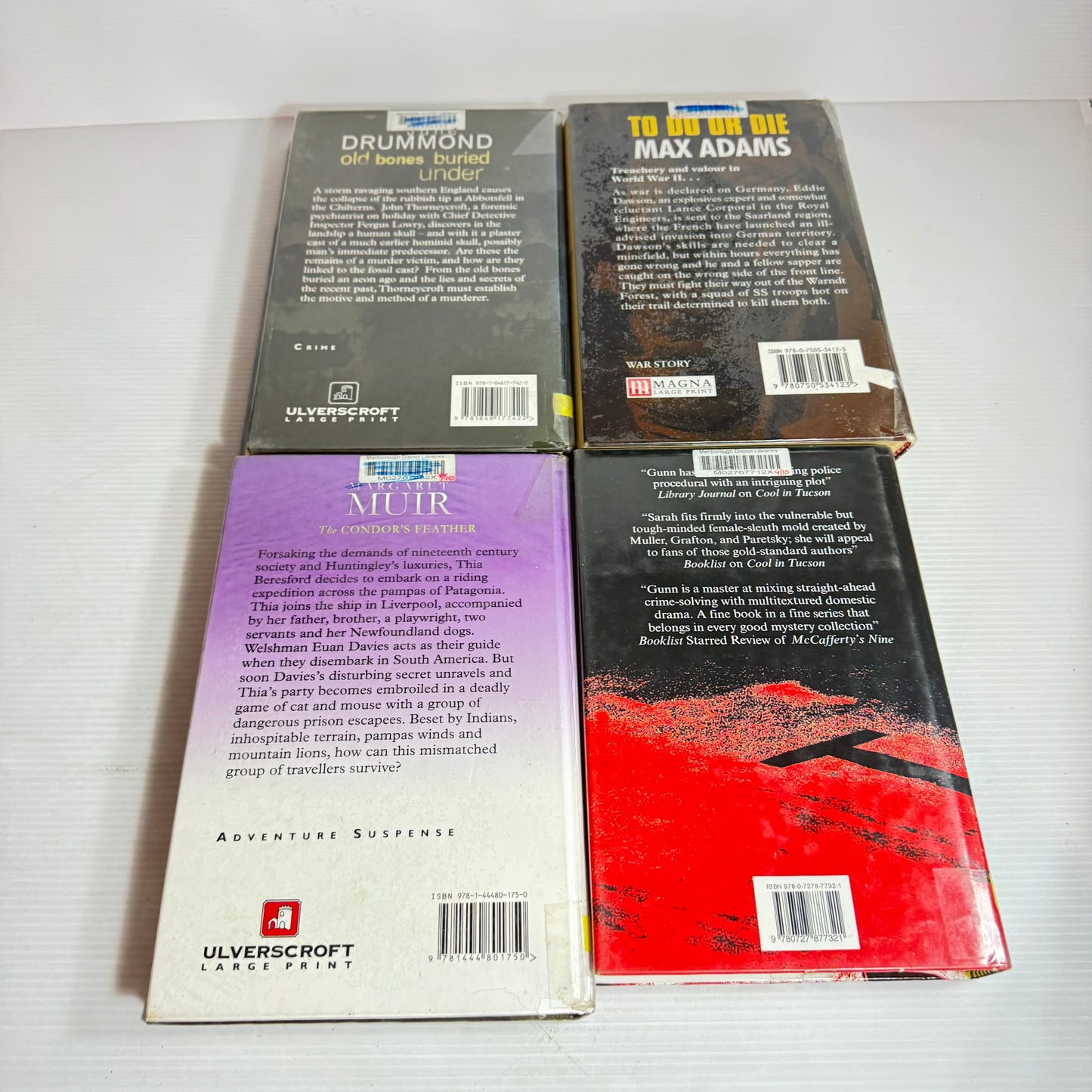 Large Print Crime Book Bundle x 4 : Old Bones Buried Under, To Do Or Die, Cool in Tucson, The Condor's Feather(2869)