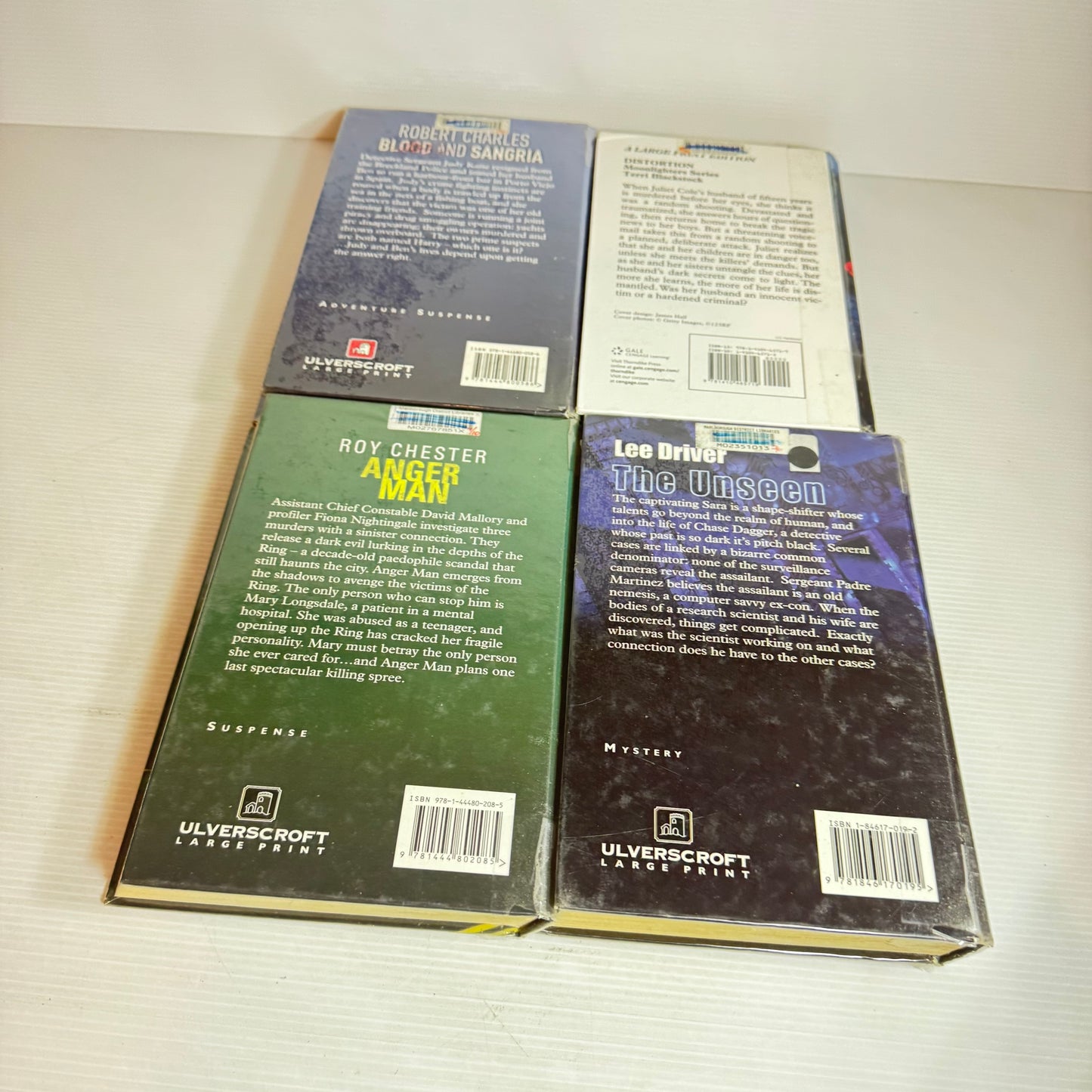 Large Print Crime Mystery Book Bundle x 4 : Distortion, Blood & Sangria, The Unseen, Anger Man(2868)