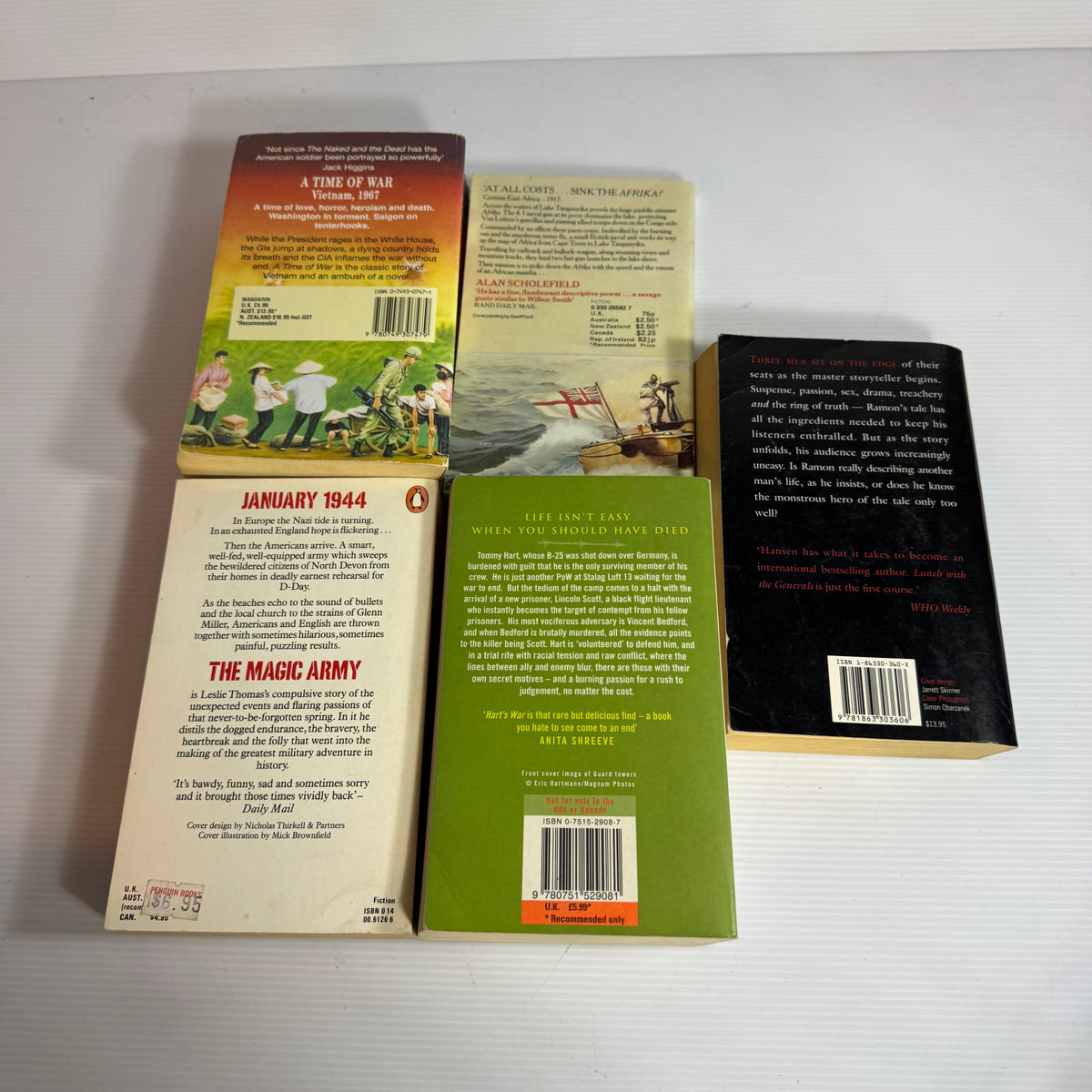 Action Adventure Bundle x 5 : Lunch With The Generals - Derek Hansen, The Alpha Raid - Alan Scholefield, A Time of War - Michael Peterson, The Magic Army - Leslie Thomas, Hart's War - John Katzenbach (3347)