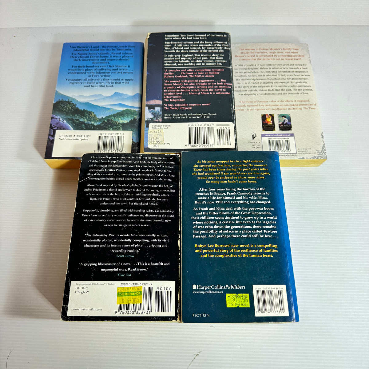 Family Saga Bundle x 5 : Swandsdowne - Daniel Farson, House of Moons - Susan Moody, Footsteps - Katharine McMahon, The Sabbathday River - Jean Hanff Korelitz, Tea-Tree Passage - Robyn Lee Burrows
