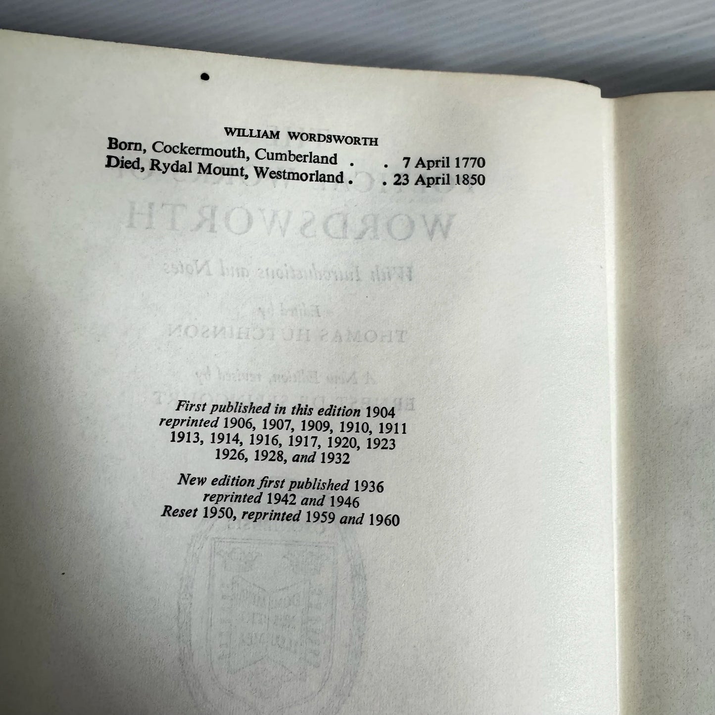 The Poetical Works Of Wordsworth - Thomas Hutchinson (Vintage 1960)