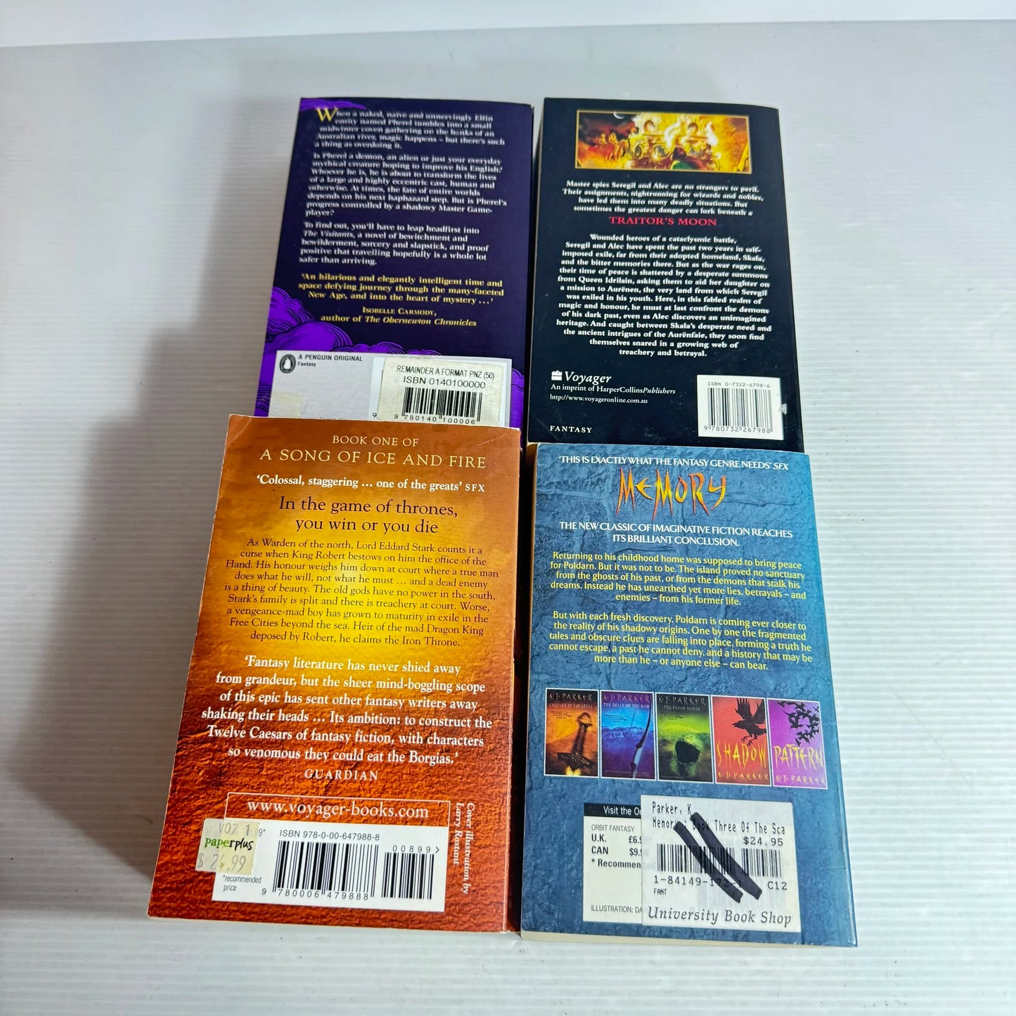 Fantasy Book Bundle x 4 Books The Visitants - William Tevelein, Traitor's Moon - Lynn Flewelling, A Game of Thrones - George R. R. Martin & Memory KK.J. Parker(560)