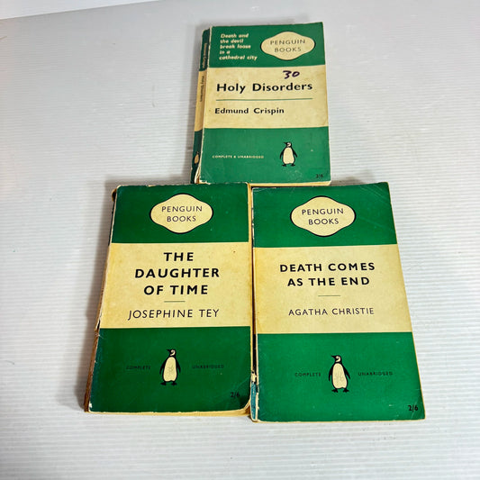Vintage Green Penguin Crime Book Bundle x 3 Books : Holy Disorders, Death Comes as The End, Daughter of Time (1958-1960) (2035)
