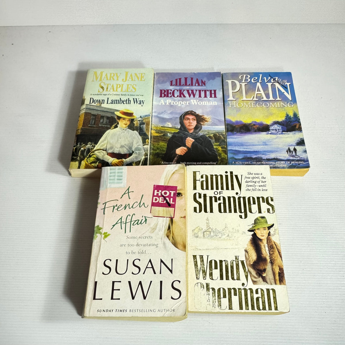 Historical Romance Bundle x 5 : A Proper Woman - Lillian Beckwith, Homecoming - Belva Plain, Down Lambeth way - Mary Jane Staples, Family of Strangers - Wendy Cheriman, A French Affair - Susan Lewis (3403)
