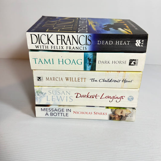 Mystery Thriller Bundle x 5 : Dark Horse - Tami Hoag, The Children's Hour - Marcia Willett, Dead Heat - Dick Francis, Darkest Longings - Susan Lewis, Message in a Bottle - Nicholas Sparks(3378)