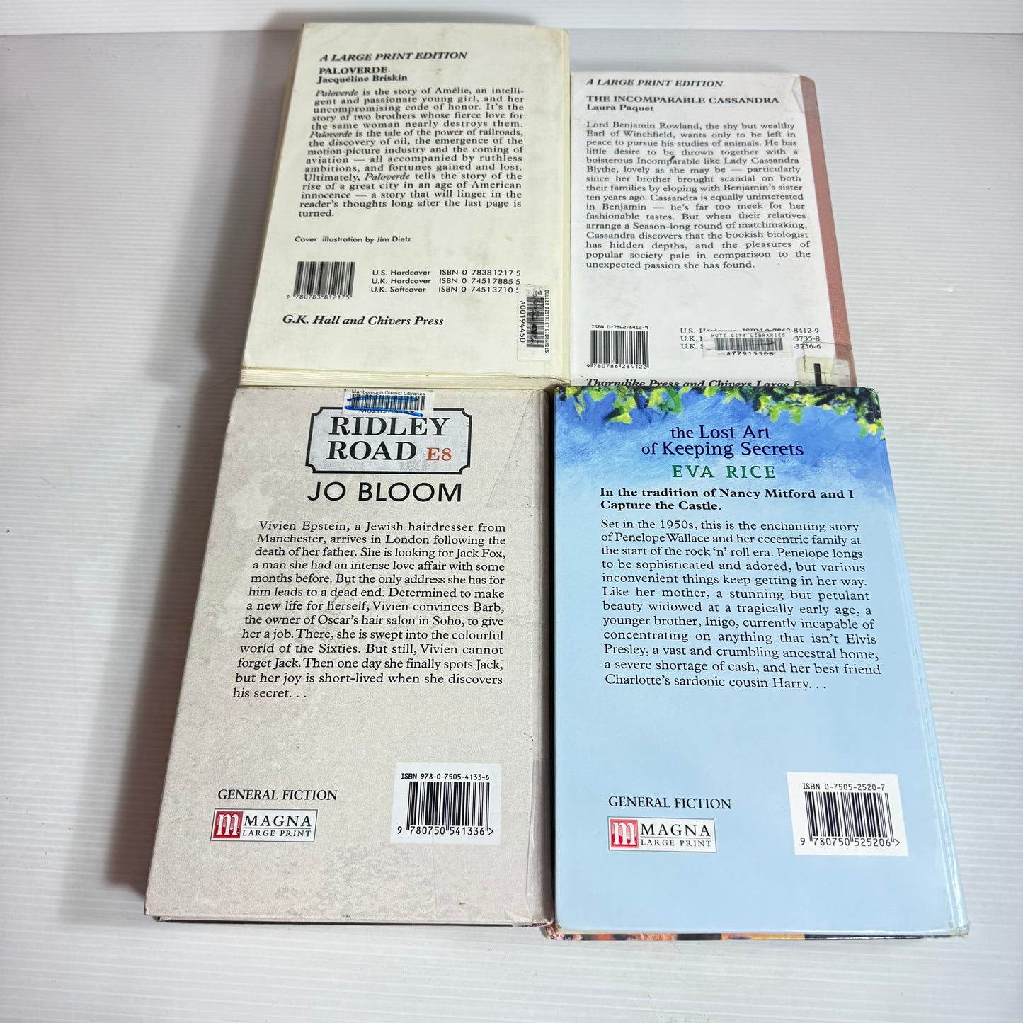 Large Print Romance Book Bundle x 4 : The Incomparable Cassandra, Paloverde, The Lost Art of Keeping Secrets, Ridley Road(2864)