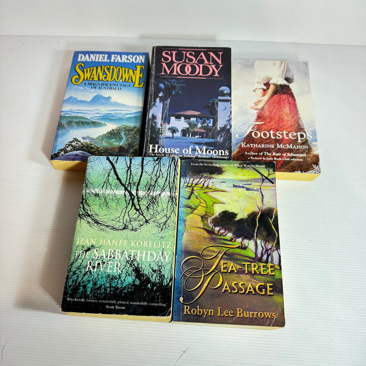 Family Saga Bundle x 5 : Swandsdowne - Daniel Farson, House of Moons - Susan Moody, Footsteps - Katharine McMahon, The Sabbathday River - Jean Hanff Korelitz, Tea-Tree Passage - Robyn Lee Burrows