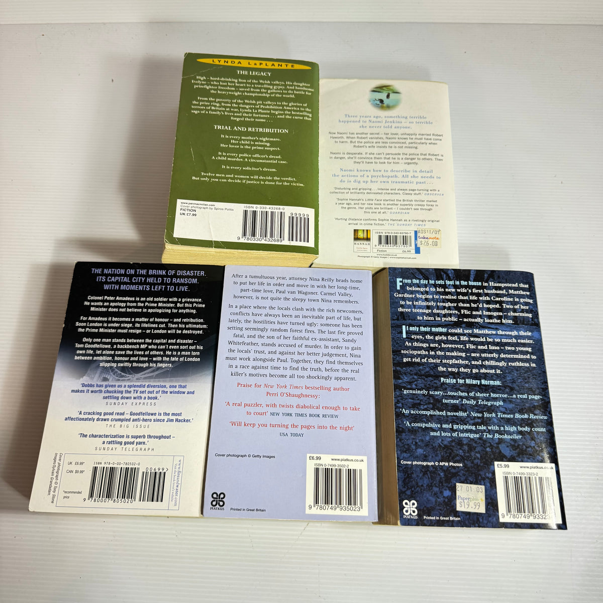 Crime Thriller 5 x Books 6 x Stories : The Legacy ; Trial and Retribution - Lynda LaPlante Omnibus, Hurting Distance - Sophie Hannah, Presumption of Death - Perri O'Shaughnessy, Whispers of Betrayal - Michael Dobbs, Twisted Minds - Hilary Norman (3420)