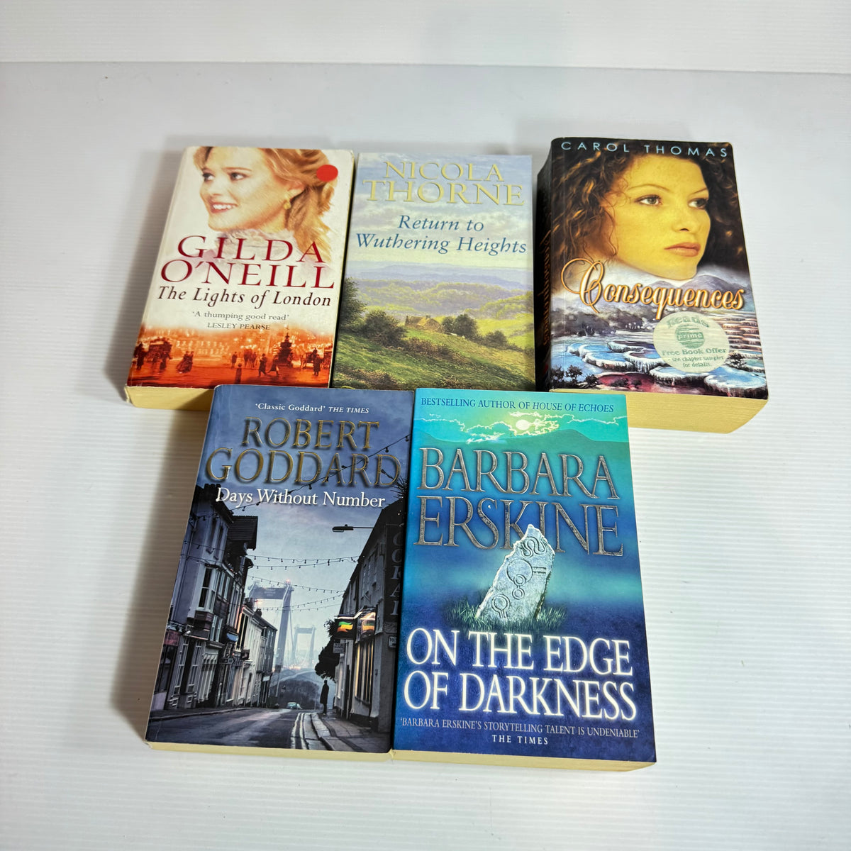 Historical Romance Bundle x 5 : Consequences - Carol Thomas, The Lights of London, Return to Wuthering Heights - Nicola Thorne, On The Edge of Darkness - Barbara Erskine, Days Without Number - Robert Goddard (3369)
