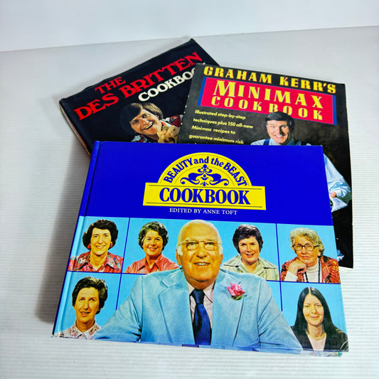 Vintage TV Cookbook Bundle x 3 : The Des Britten Cookbook, Beauty and the Beast Cookbook - Anne Toft, Graham Kerr's Minimax Cookbook (3050)