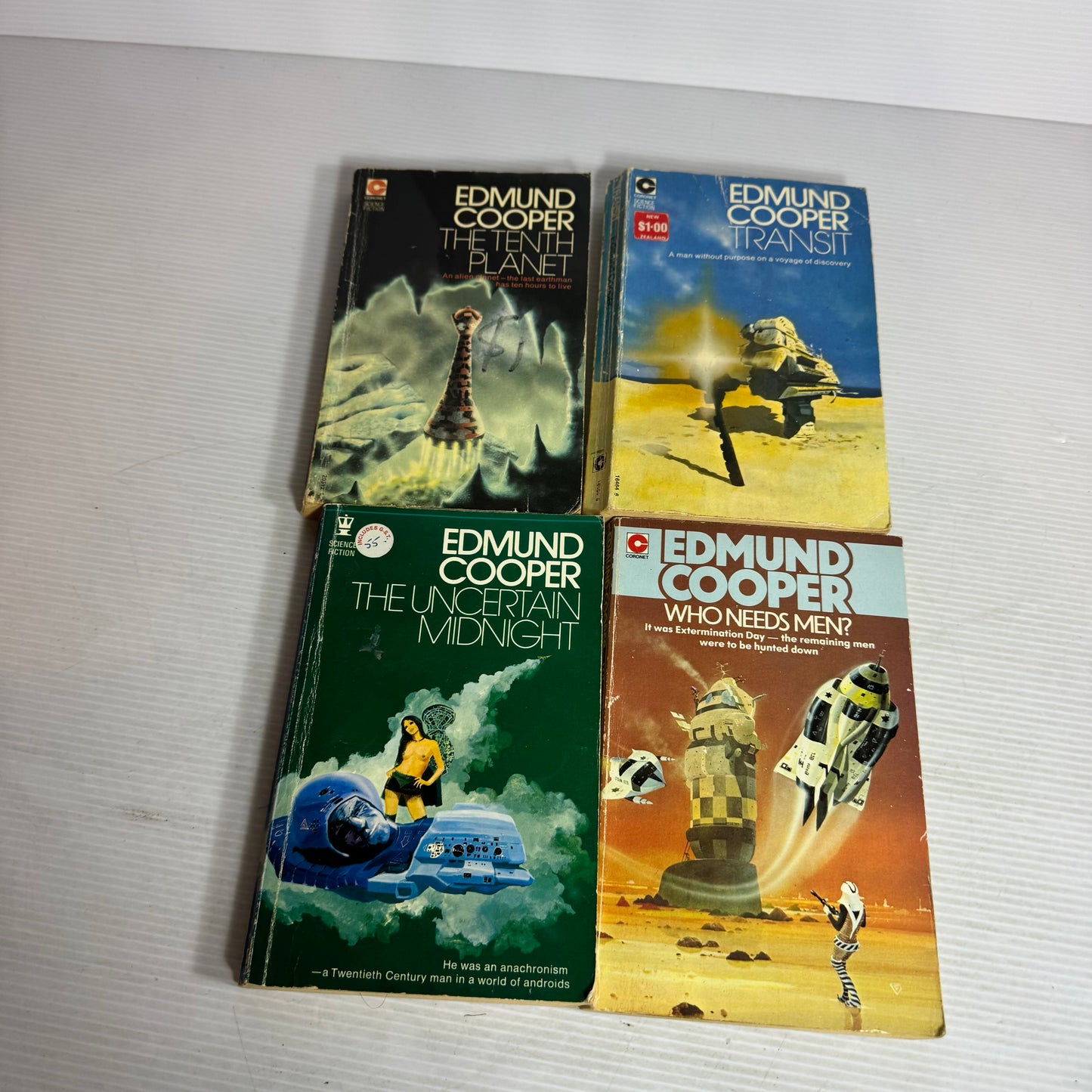 Edmund Cooper Vintage Book Bundle x 4 : Transit (1973), Who Needs Men? (1977), The Tenth Planet (1976), The Uncertain Midnight (1971)(2947)