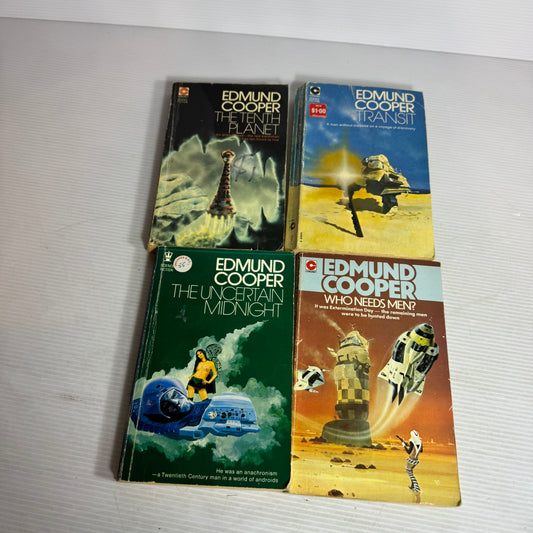 Edmund Cooper Vintage Book Bundle x 4 : Transit (1973), Who Needs Men? (1977), The Tenth Planet (1976), The Uncertain Midnight (1971)(2947)