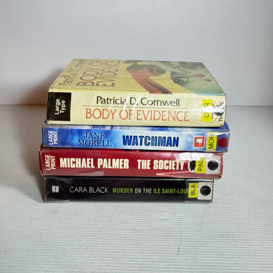Large Print Crime Book Bundle x 4 : Body of Evidence, Murder on the Ile Sant-Louis, Watchman, The Society (2873)