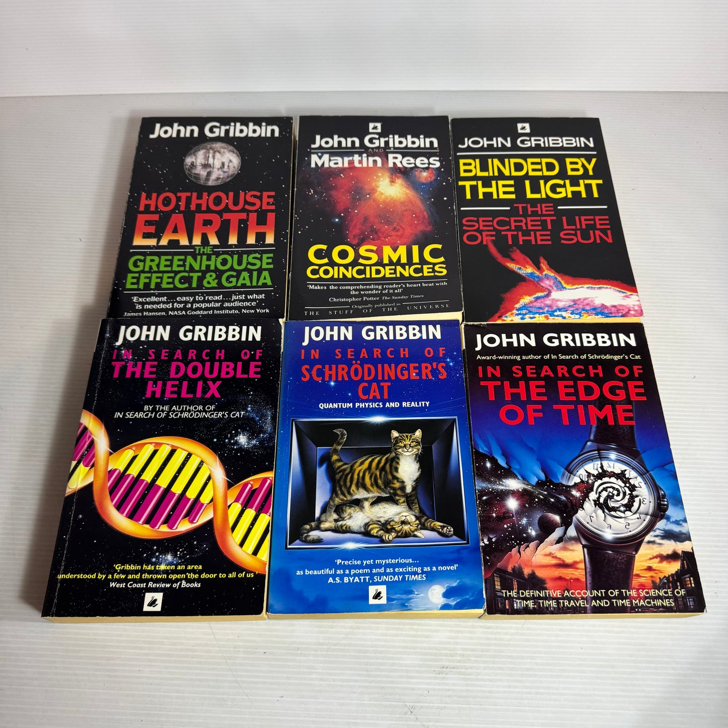 John Gribbin Vintage Science Book Bundle x 6 : Hot House Earth, In Search of the Double Helix, Cosmic Coincidences, Blinded By the Light, In Search of Schrodinger's Cat, In Search of the Edge of Time (2950)