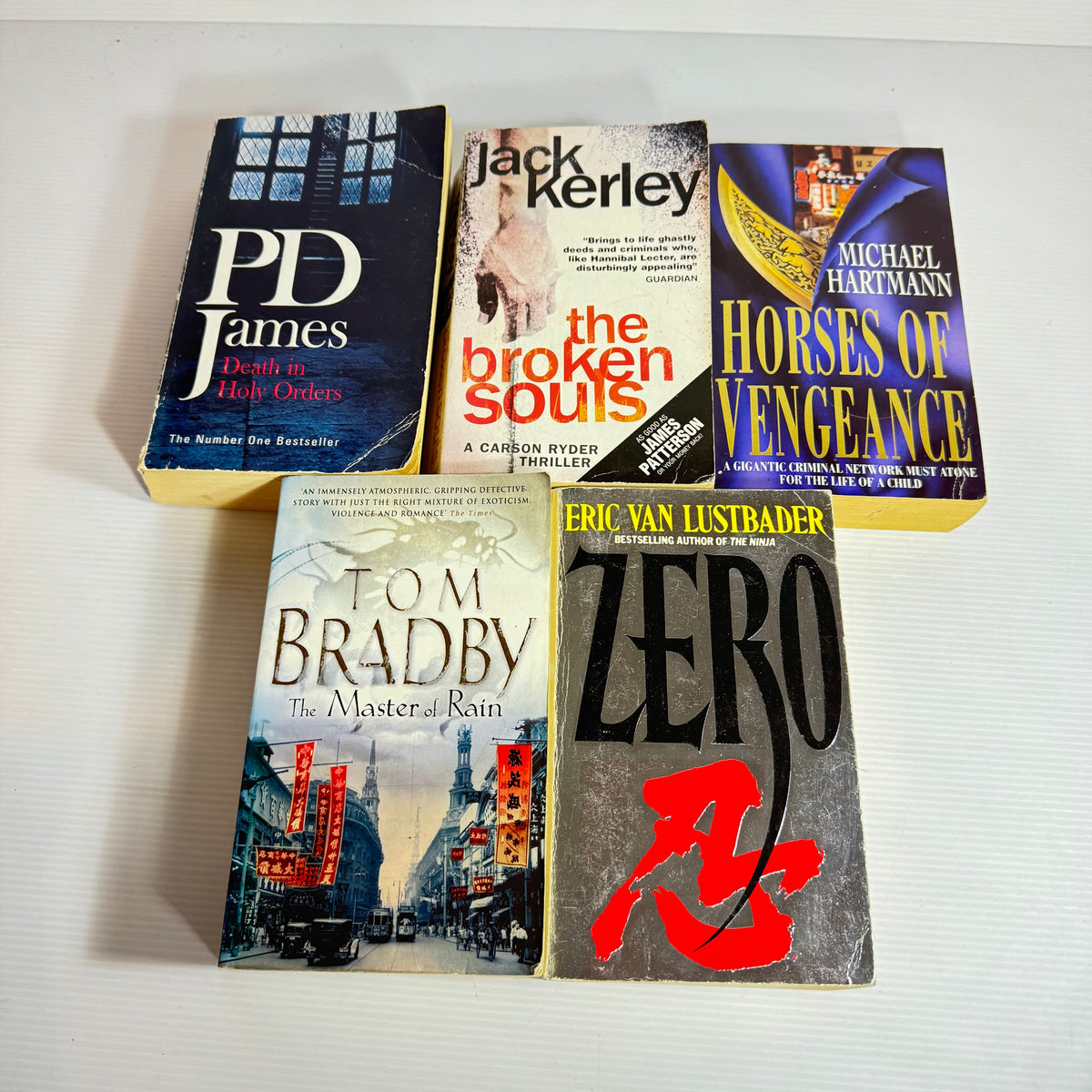 Crime Thriller Bundle x 5 : Horse of Vengeance - Michael Hartmann, The Broken Souls - Jack Kerley, Death In Holy Orders - PD James, Zero - Eric Van Laustbader, The Master of Rain - Tom Bradby (3387)