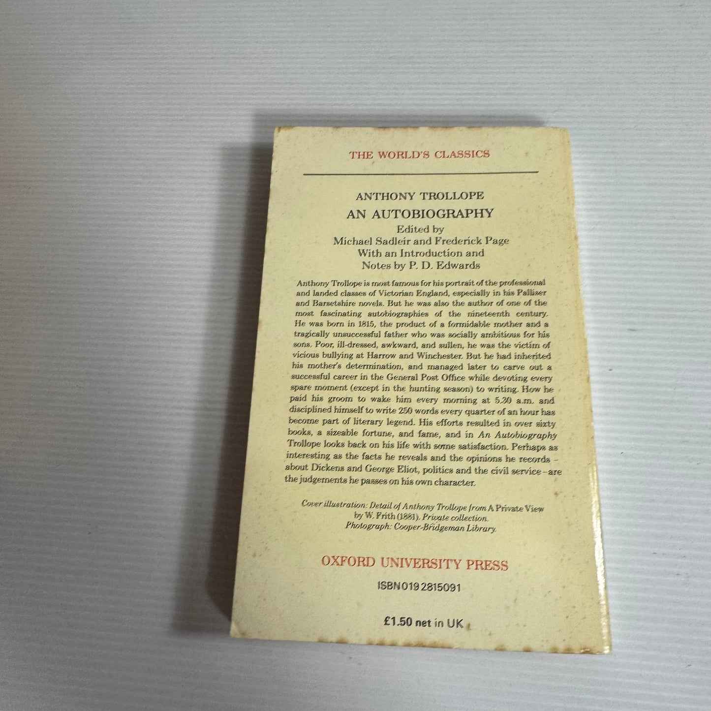 Anthony Trollope: An Autobiography - The World's Classics (Vintage 1990)