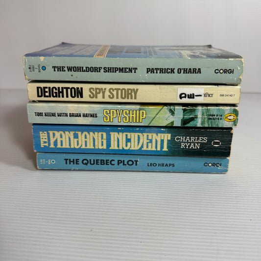 Naval Action Thriller Bundle x 5 : Spy Story - Len Delighton, Spy Ship - Tom Keene with Brian Haynes, The Wohldorf Shipment - Patrick O'Hara, The Pan Jang Incident - Charles Ryan, The Quebec Plot - Leo Heaps (3343)
