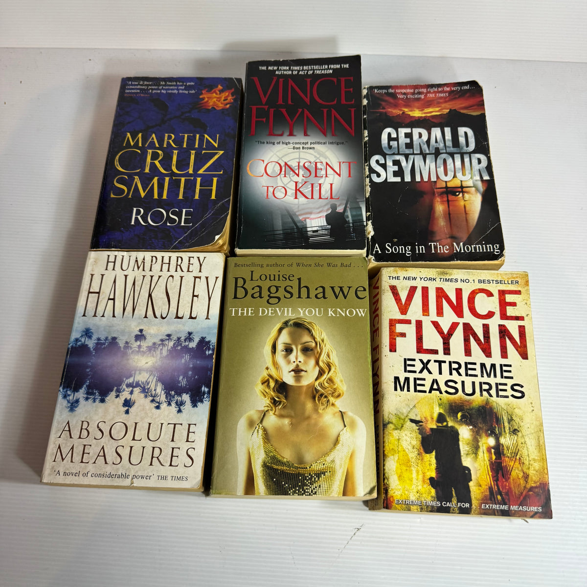 Crime Bundle x 6 : Rose - Martin Cruz Smith, A Song in The Morning - Gerald Seymour, The Devil You Know - Louise Bagshawe, Absolute Measures - Humphrey Hawksley, Extreme Measures & Consent To Kill  - Vince Flynn, (3455)