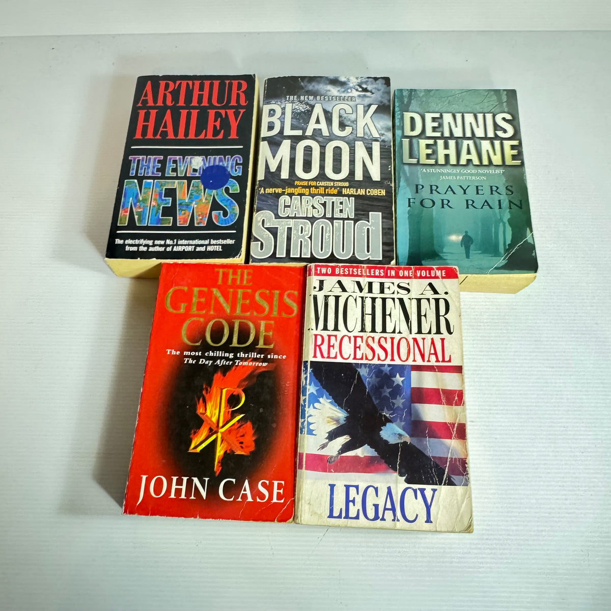 Action Thriller Bundle x 5 Books 6 x Stories : The Evening News - Arthur Hailey, Black Moon - Carsten stroud, Prayers for Rain - Dennis Lehane, The Genesis Code - John Case, Legacy & Recessional - James A. Michener (3467)