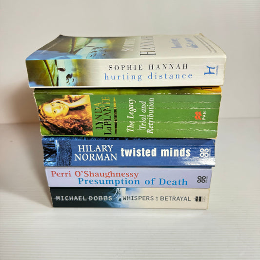 Crime Thriller 5 x Books 6 x Stories : The Legacy ; Trial and Retribution - Lynda LaPlante Omnibus, Hurting Distance - Sophie Hannah, Presumption of Death - Perri O'Shaughnessy, Whispers of Betrayal - Michael Dobbs, Twisted Minds - Hilary Norman (3420)
