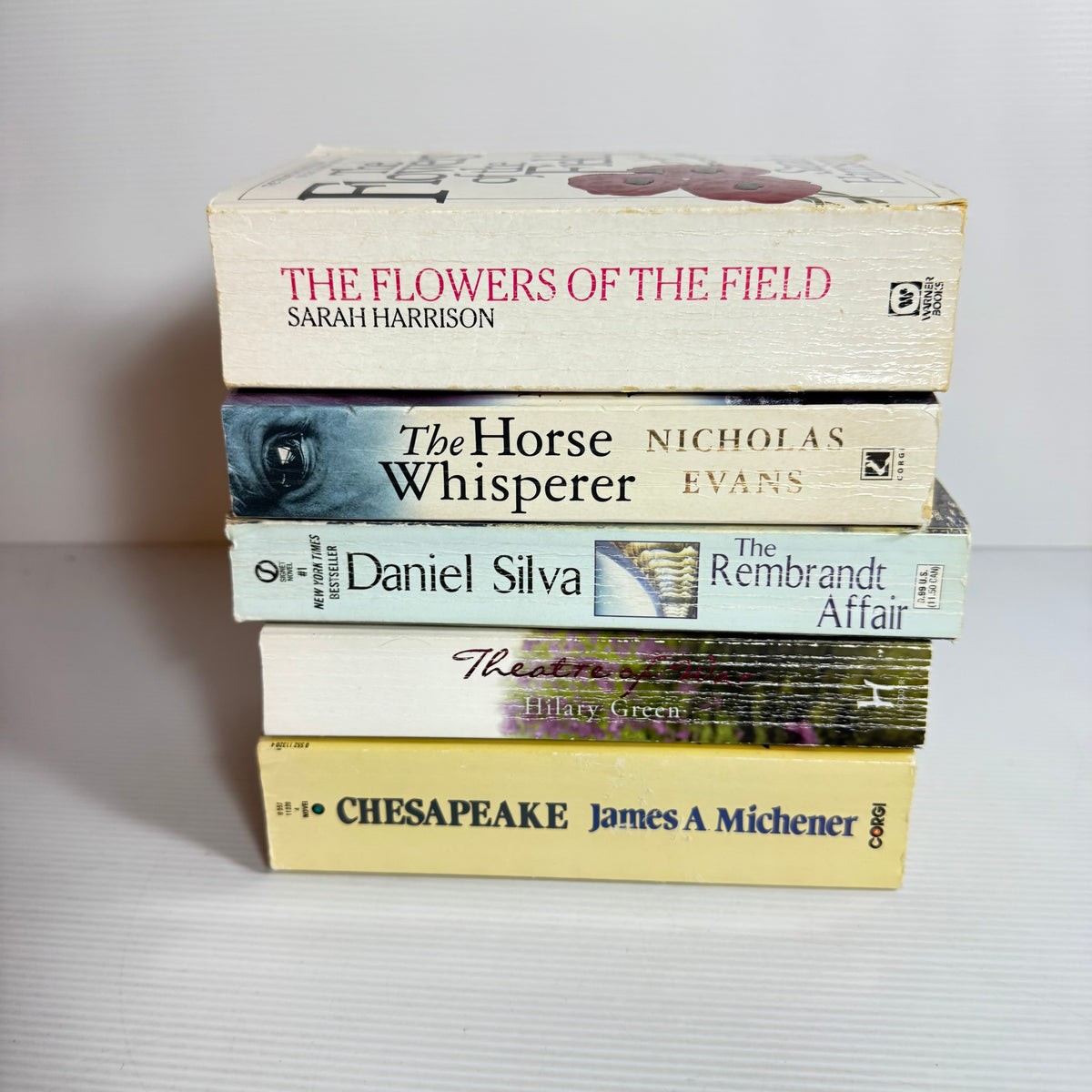 Historical Fiction Bundle x 5 : Theatre of War - Hilary Green, The Horse Whisperer - Nicholas Evans, Chesapeake - James A. Michener, The Flowers of the Field - Sarah Harrison, The Rembrandt Affair - Daniel Silva (3364)