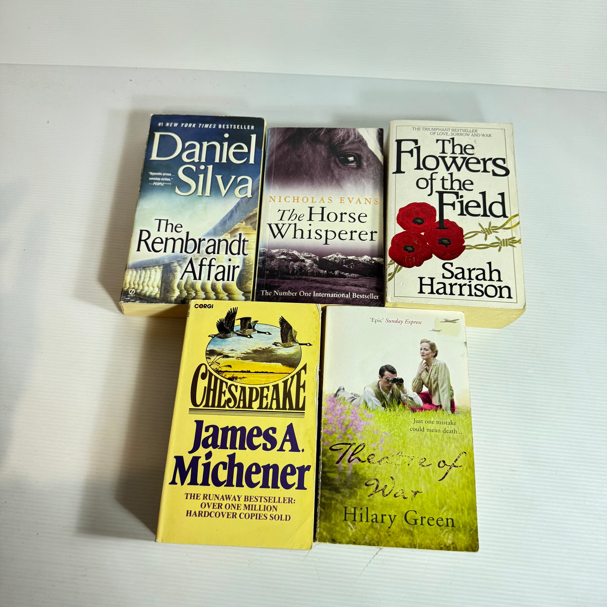 Historical Fiction Bundle x 5 : Theatre of War - Hilary Green, The Horse Whisperer - Nicholas Evans, Chesapeake - James A. Michener, The Flowers of the Field - Sarah Harrison, The Rembrandt Affair - Daniel Silva (3364)