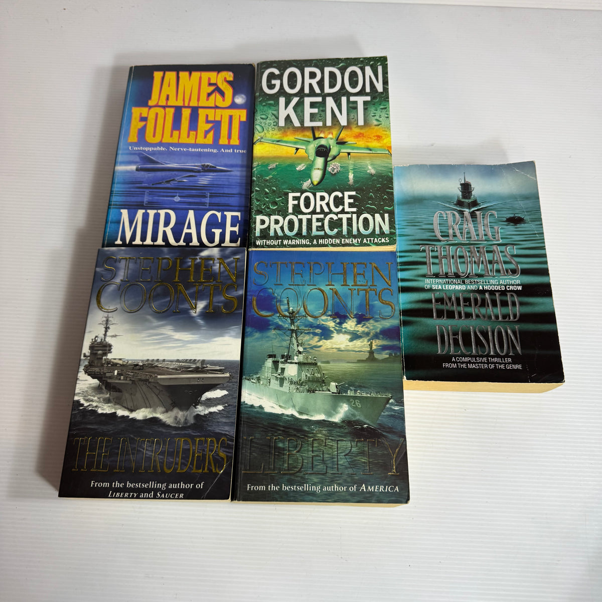 Military Action Bundle x 5 : Mirage - James Follett, Force Protection - Gordon Kent, Emerald Decision - Craig Thomas, Liberty & The Intruders - Stephen Coonts, (3346)