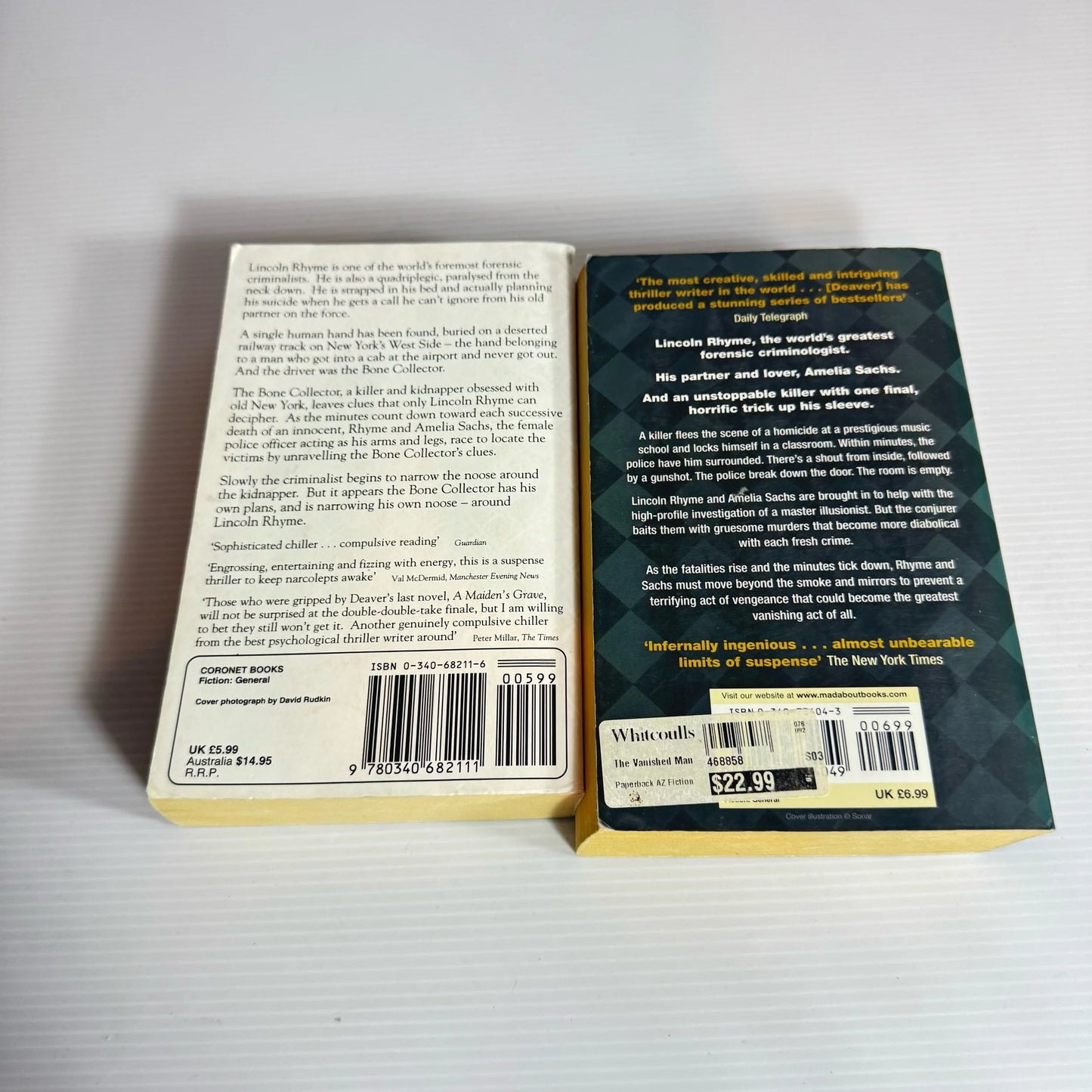 Jefferey Deaver Book Bundle x 2 Books : The Bone Collector & The Vanished Man (2232)
