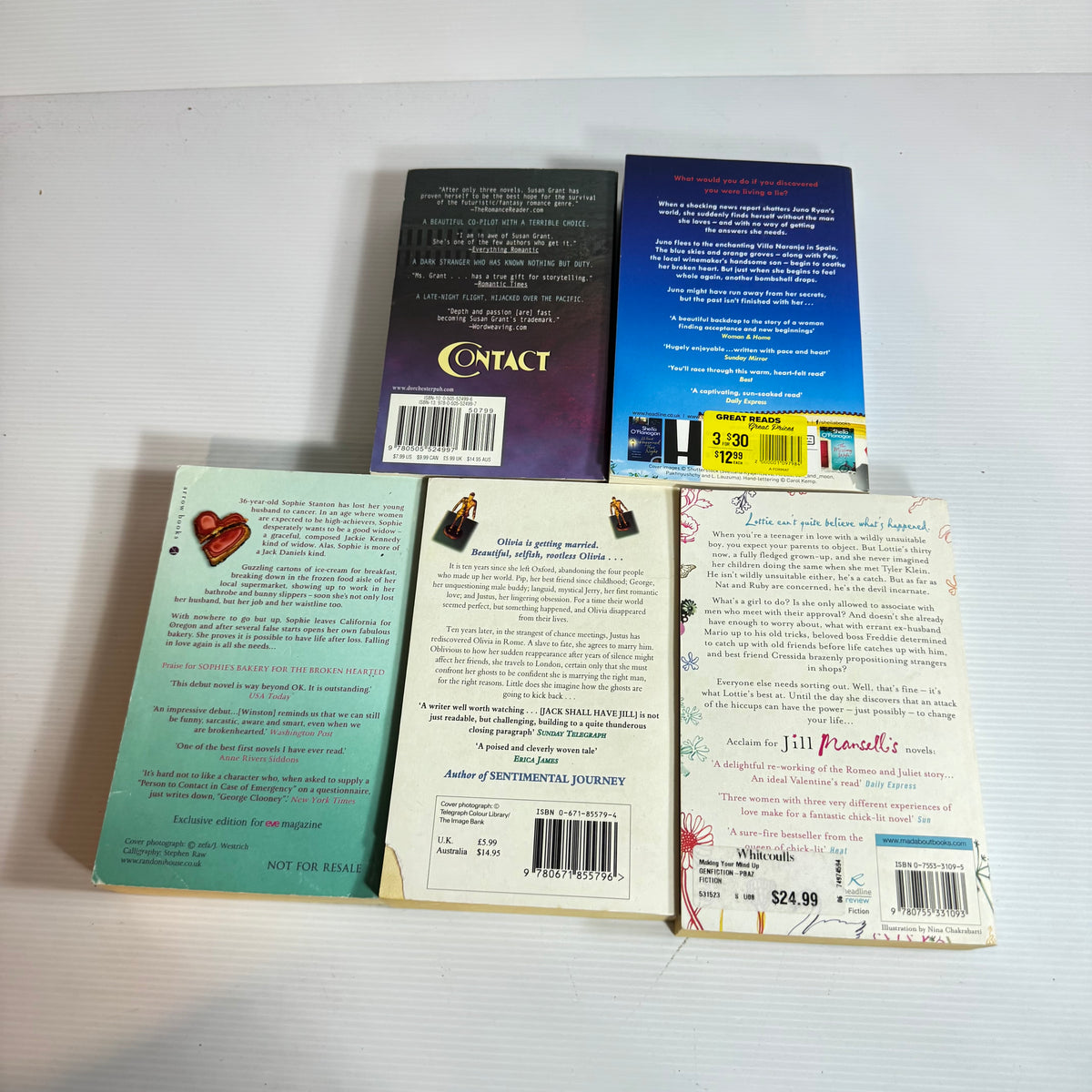 Contemporary Romance Bundle x 5 : The Hideaway - Sheila O'Flanagan, Contact - Susan Grant, Jack Shall Have Jill - Juliette Mead, Sophie's Bakery for the Broken Hearted - Lolly Winston, Making Your Mind Up - Jill Mansell (3382)