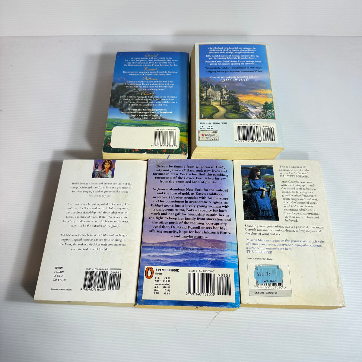 Historical Romance Bundle x 5 : Wave's Upon the Shore - Elaine Crowley, The Loving Spirit - Daphne DuMaurier, The Young Wives - Elaine Crowley, Chantal - Yvone Lenard, Kingdom of Shadows - Barbara Erskine (3401)
