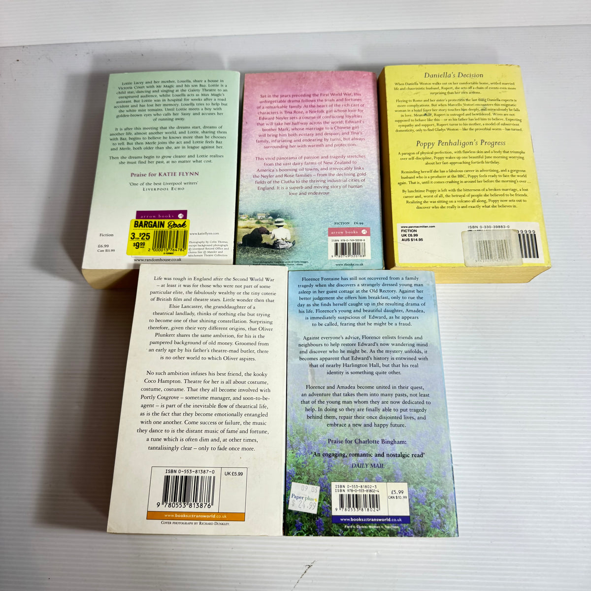 Romantic Bundle x 5 : Daniella's Decision Poppy Penhaligon's Progress, The Pride & Forgotten Dreams - Katie Flynn, Out of the Blue & Distant Music - Charlotte Bingham (3361)