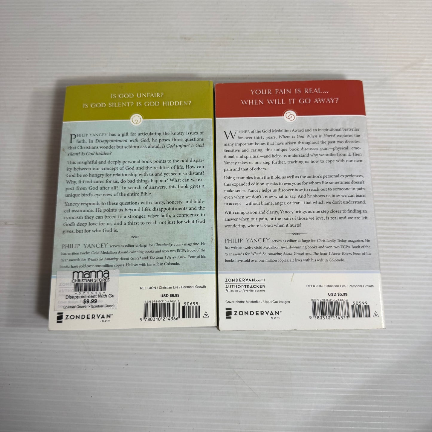 Philip Yancey Christian Book Bundle x 2 : Where Is God When It Hurts? & Disappointment With God (2836)