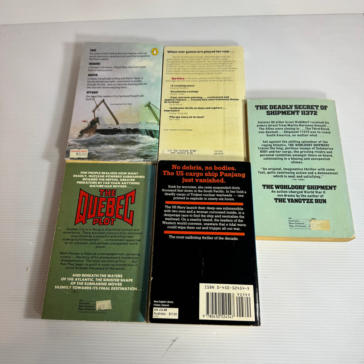 Naval Action Thriller Bundle x 5 : Spy Story - Len Delighton, Spy Ship - Tom Keene with Brian Haynes, The Wohldorf Shipment - Patrick O'Hara, The Pan Jang Incident - Charles Ryan, The Quebec Plot - Leo Heaps (3343)