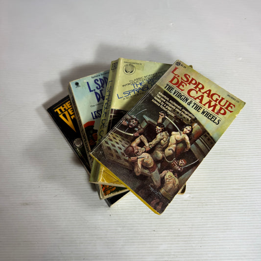 L. Sprague De Camp Vintage Book Bundle x 4 : Science Fiction Book Club Selection (1978), The Virgin & The Wheels  (1976), The Venom Trees of Sunga (1992), Lest Darkness Fall (1949)(2948)