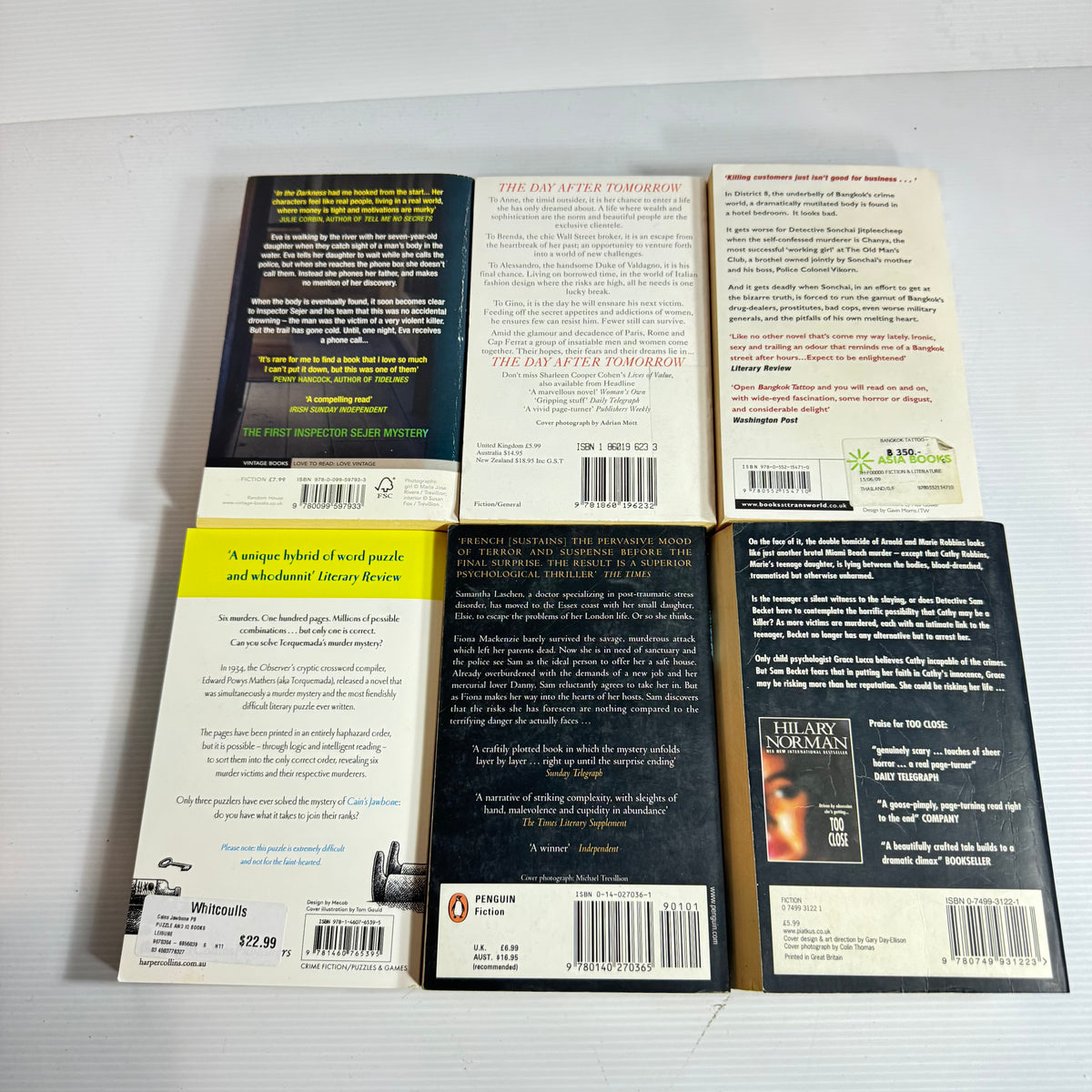 Crime Mystery Bundle x 6 : The Day After Tomorrow - Sharleen Cooper Cohen, Bangkok Tattoo - John Burdett, In The Darkness - Karin Fossum, Cain's Jaw Bone - Torquenmada, The Safe House - Nicci French, Mind Games - Hilary Norman (3414)