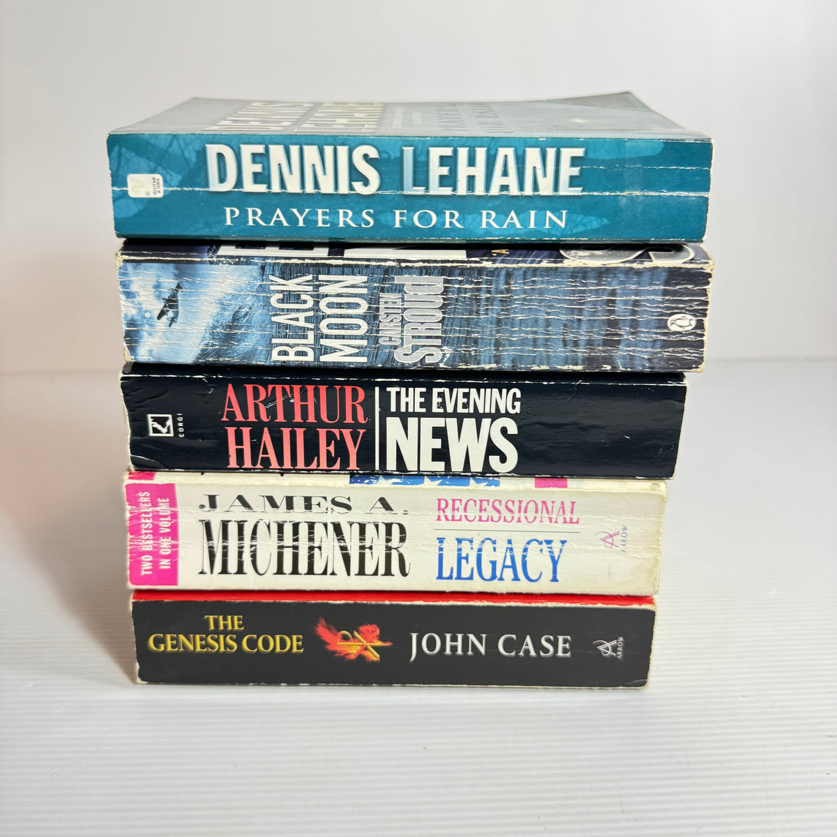 Action Thriller Bundle x 5 Books 6 x Stories : The Evening News - Arthur Hailey, Black Moon - Carsten stroud, Prayers for Rain - Dennis Lehane, The Genesis Code - John Case, Legacy & Recessional - James A. Michener (3467)