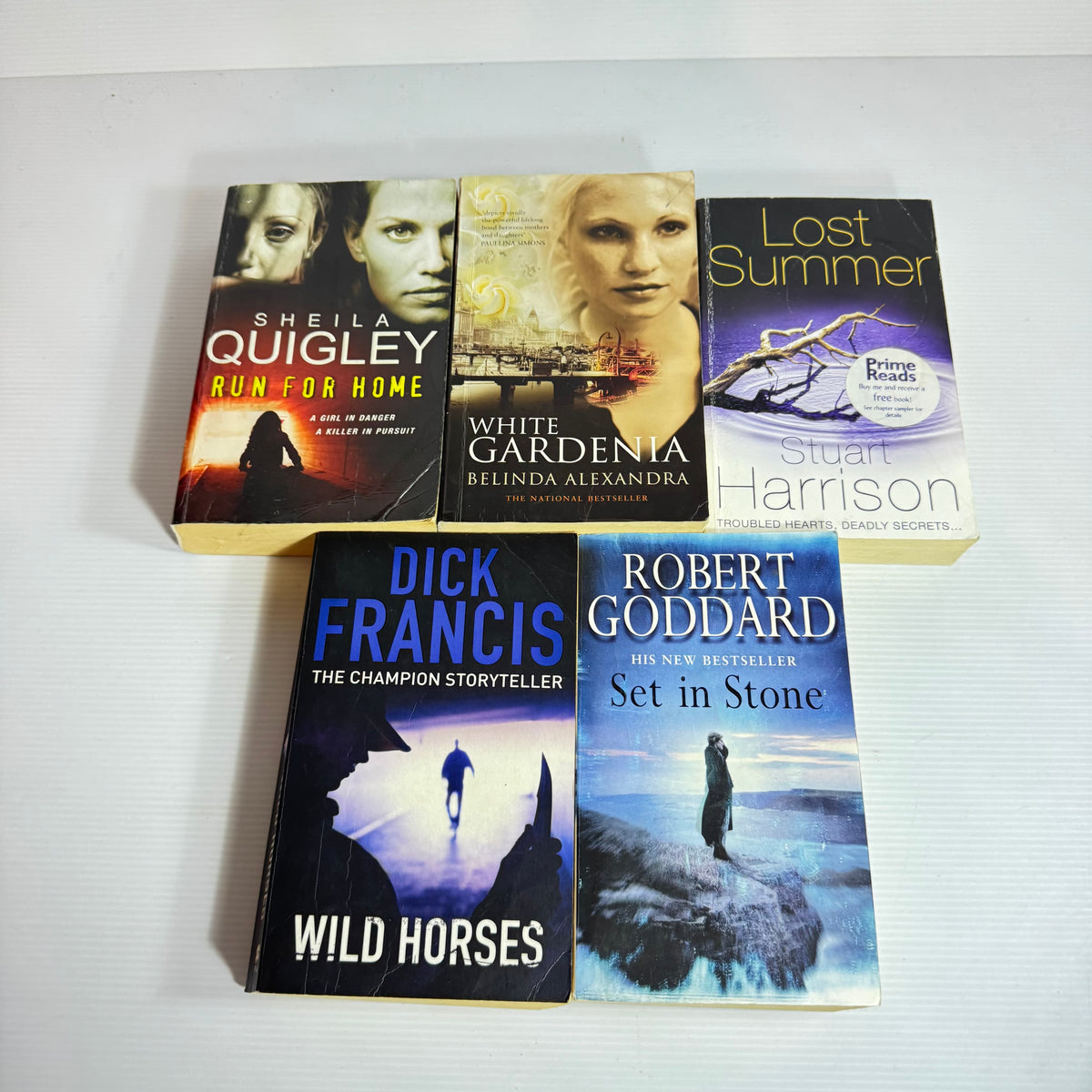 Crime Mystery Bundle x 5 : Lost Summer - Stuart Harrison, White Gardenia - Belinda Alexandra, Set in Stone - Robert Goddard, Wild Horses - Dick Francis, Run for Home - Sheila Quigley (3449)