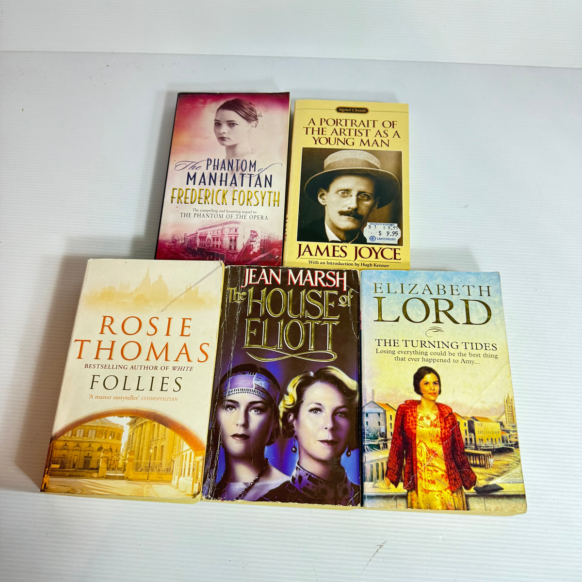 Romantic Bundle x 5 : The Turning Tides - Elizabeth Lord, Follies - Rosie Thomas, The Phantom of Manhattan - Frederick Forsyth, A Portrait of The Artist As a Young Man - James Joyce, The House of Eliot - Jean Marsh (3360)