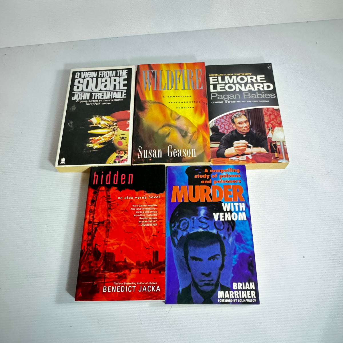 Thriller Suspense Bundle x 5 : A View From the Square - John Trenhaile, Wildfire - Susan Geason, Pagan Babies - Elmore Leonard, Murder with Venom - Brian Marriner, Hidden - Benedict Jacka (3434)