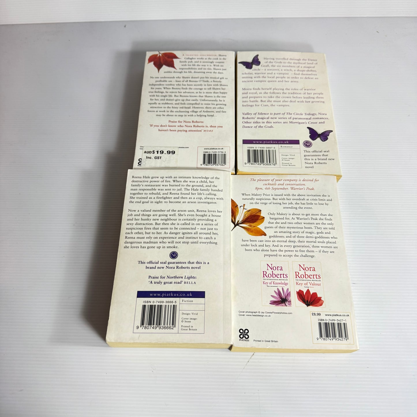 Nora Roberts Book Bundle x 4 : Valley of Silence, Key of Light, Tears of the Moon, Blue Smoke (3153)