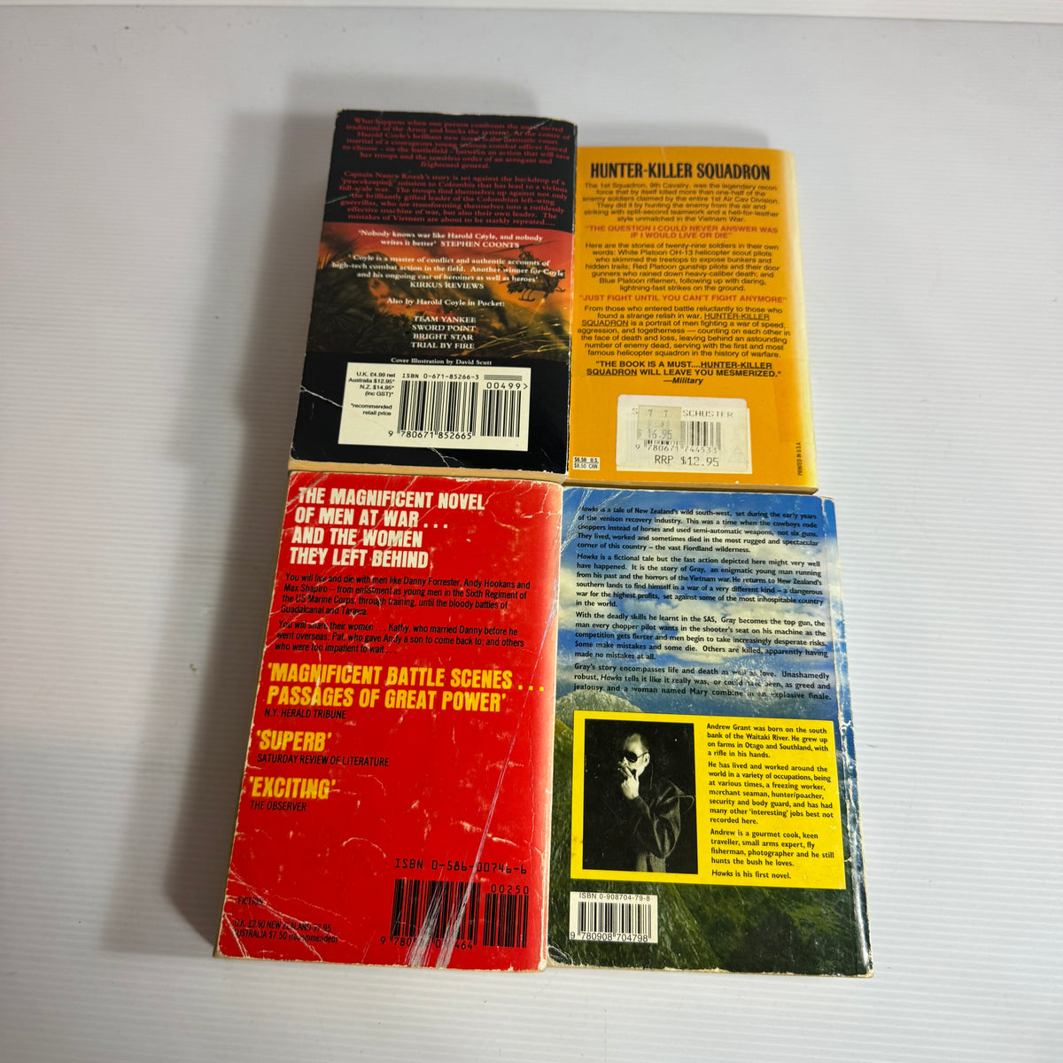 Military Action Bundle x 4 : Hunter-Killer Squadron - Matthew Brennan, Hawks - Andrew Grant, Battle Cry - Leon Uris, Code of Honour - Harold Coyle (3344)